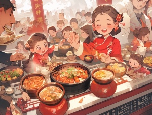 中国春节家庭团聚，热气腾腾的火锅盛宴