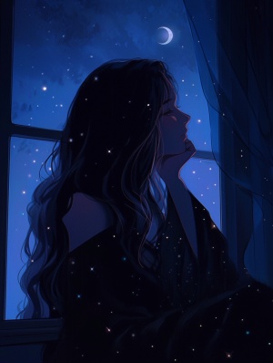 漆黑的月女人看着窗外发呆，满天繁星，点点飞雪，飘落到脸。她渴望幸福，渴望真爱