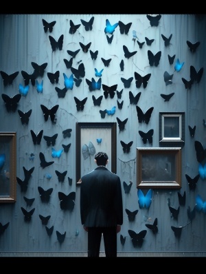 男人在蓝色蝴蝶面前的博物馆画廊装置艺术