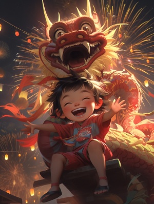 A Chinese dragon dances in the dark night sky, a chinese boy just sit on the body, and the New Year's fireworks bloom brightly around it,in style of Alex Alemany, ine details, color grading, 3D渲染， 32K HD