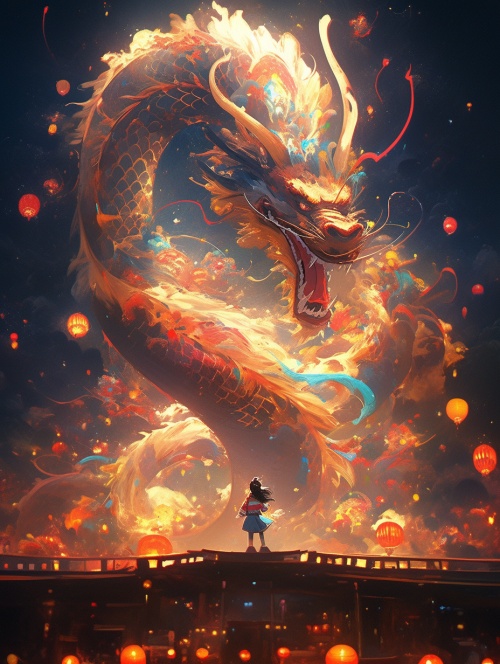 A Chinese dragon dances in the dark night sky, a chinese boy just sit on the body, and the New Year's fireworks bloom brightly around it,in style of Alex Alemany, ine details, color grading, 3D渲染， 32K HD