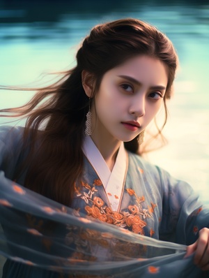 a beautiful girl in ancient china is practicing chinese kungfu, pointing down, she stands on the water with a hazy reflection, she has a delicate and vivid face,long black and golden hair, big: 2 eyes, charmingeyes, charming face, long eyelashes, she wears amberand azure hanfu with delicate patterns and colorfulfluid, color fluid formation, intricate, ink flow, ink style.midrange, by Gu Kaizhi, Zhang xuan, aesthetic mood,golden gilding, dense composition, soft shadow, clean and sharp focus, film photography