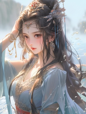 a beautiful girl in ancient china is practicing chinese kungfu, pointing down, she stands on the water with a hazy reflection, she has a delicate and vivid face,long black and golden hair, big: 2 eyes, charmingeyes, charming face, long eyelashes, she wears amberand azure hanfu with delicate patterns and colorfulfluid, color fluid formation, intricate, ink flow, ink style.midrange, by Gu Kaizhi, Zhang xuan, aesthetic mood,golden gilding, dense composition, soft shadow, clean and sharp focus, film photography