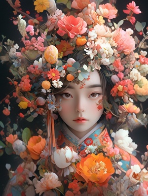 fanciful surrealism， 奇幻的超现实主义，an image of Chinese girl with colourful flowers and leaves, in the style of mixes realistic and fantastical elements, intricate flower worlds, fanciful surrealismwith a touch of humor, close-up,real light and shadoweffects,Kodak 5207