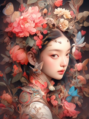 fanciful surrealism， 奇幻的超现实主义，an image of Chinese girl with colourful flowers and leaves, in the style of mixes realistic and fantastical elements, intricate flower worlds, fanciful surrealismwith a touch of humor, close-up,real light and shadoweffects,Kodak 5207
