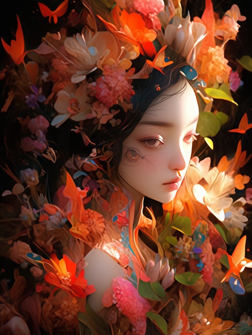 fanciful surrealism， 奇幻的超现实主义，an image of Chinese girl with colourful flowers and leaves, in the style of mixes realistic and fantastical elements, intricate flower worlds, fanciful surrealismwith a touch of humor, close-up,real light and shadoweffects,Kodak 5207