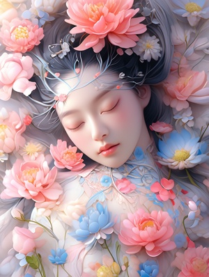 fanciful surrealism， 奇幻的超现实主义，an image of Chinese girl with colourful flowers and leaves, in the style of mixes realistic and fantastical elements, intricate flower worlds, fanciful surrealismwith a touch of humor, close-up,real light and shadoweffects,Kodak 5207