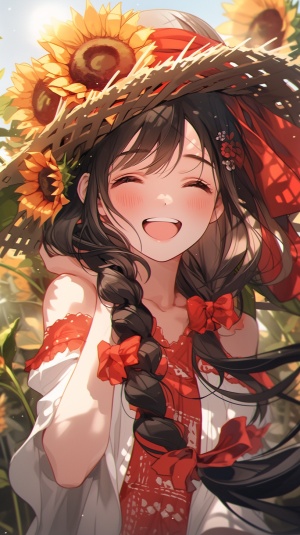 一个开心的中国女孩，黑色长发，麻花辫，微笑，大眼睛，草帽，向日葵花海，夏天，红色短裙，高清，8k