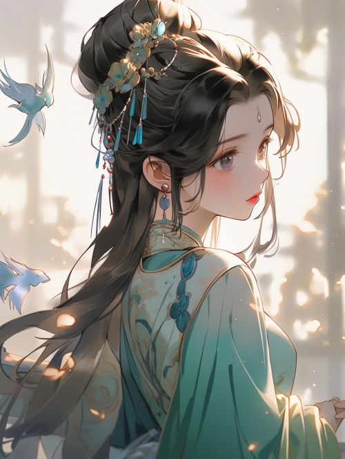 the chinese beautiful girl with blue hair, in the style of romantic illustrations, 32k uhd, anime art, graceful, lightgreen and amber, happenings, exaggerated nobility, 32K, HD