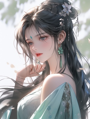 the chinese beautiful girl with blue hair, in the style of romantic illustrations, 32k uhd, anime art, graceful, lightgreen and amber, happenings, exaggerated nobility, 32K, HD