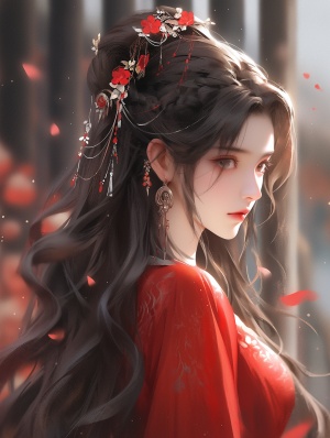 Chinese ancient style handsome girl,beautiful face,facial close-up,black long hair,wearing ancient Chinese red wedding clothes,wedding clothes with patterns,red petals flying in the air,the background is a gorgeous wedding palace,delicate facial features,detailspainting,fantasy art,animation aesthetics, HD 32k