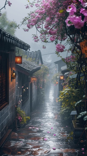 Romantic Tranquility: A Beautiful Rainy Street with Flowers