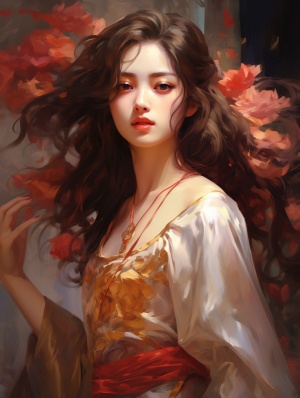 imagine Rose priestess artist Zhao Ji style oilpainting, Artist Sargent's colors,Extremelyclose-up, headshot close-up, POV perspective,Chinese Rose priestess youth dancing wear beautiful Sacrificial attire, beautiful light,extremely beautiful detailed face and brown eyes,fluttering silk, flurry hair, lending ansadness and silence quality to the artwork depiction,UHD