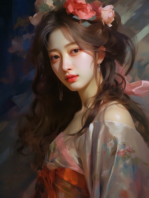 imagine Rose priestess artist Zhao Ji style oilpainting, Artist Sargent's colors,Extremelyclose-up, headshot close-up, POV perspective,Chinese Rose priestess youth dancing wear beautiful Sacrificial attire, beautiful light,extremely beautiful detailed face and brown eyes,fluttering silk, flurry hair, lending ansadness and silence quality to the artwork depiction,UHD