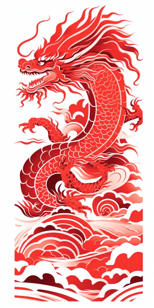 极简的，中国剪纸，关于龙，龙平面，单层，矢量剪影，龙，镂空，红色，无阴影，白色背景