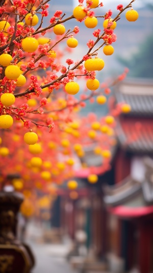 中国古代黄色梅花树上挂着铜钱的摄影风格