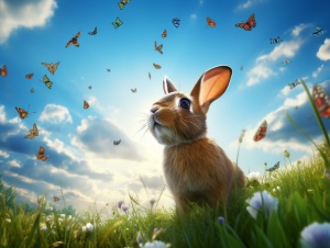 超高清超现实兔子抬头观望8K天空