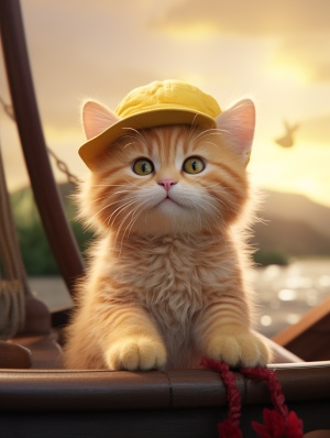 一只可爱的黄色猫猫戴着黄色草帽 红色短袖衬衫, 坐在船上看着远方 ,猫的光线充足,细节充分,8k,虚幻引擎,佳作,超真实
