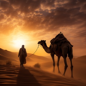 金黄色的天空之境，沙漠，一人牵着一个骆驼。纵深镜头