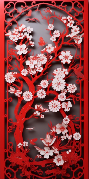 剪纸与窗花：春节红色福字梅花