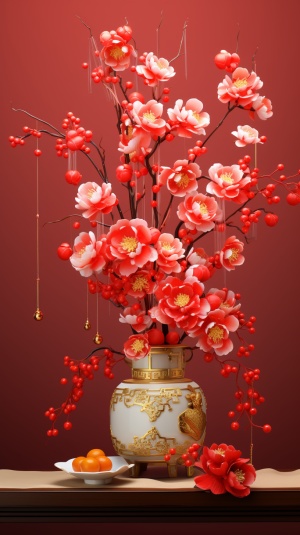 传统灯笼、迎春花、春联、贴福字——喜庆春节气氛