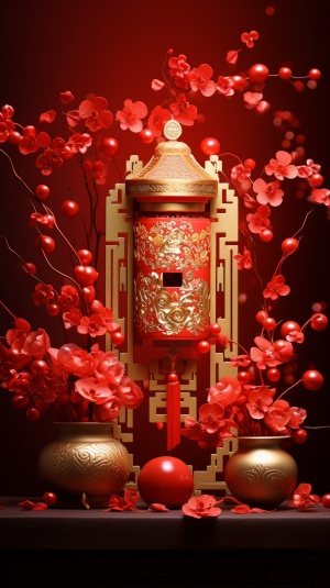 传统灯笼、迎春花、春联、贴福字——喜庆春节气氛