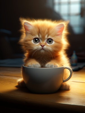 超真实细节充分的8K黄猫幼崽学习茶杯桌面