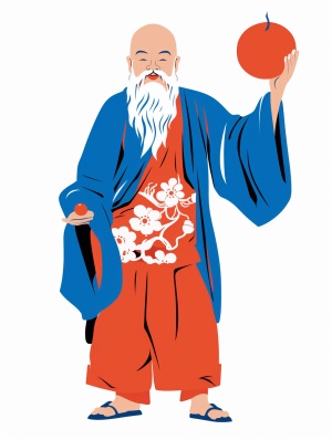 Chinese Taoist old man with fairy peach in traditional art