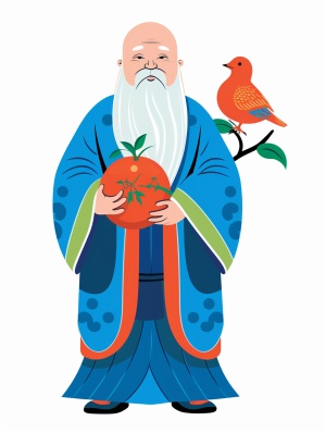 Chinese Taoist old man with fairy peach in traditional art