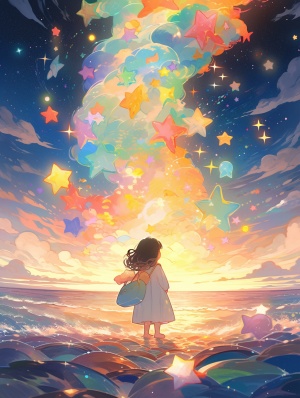 小女孩在海边许愿的梦幻星光世界