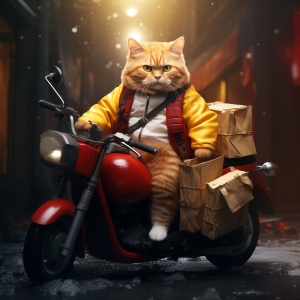 背景街道的肯德基外卖员小橘猫骑摩托车送外卖