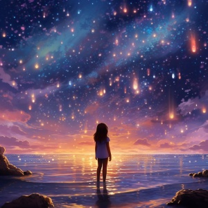 ：小女孩，周围有很多彩色的小星星，站在海边，许愿，梦幻的场景，流星，银河，五颜六色的星团，特写镜头