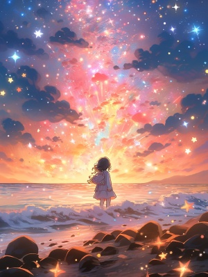 梦幻海边的小女孩与彩色星团