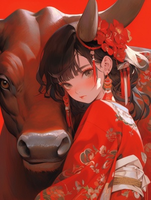 画面主体是一个龙族公主，一头牛。红色背景。新年元素。