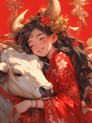 龙族公主与牛：红色背景中的新年元素