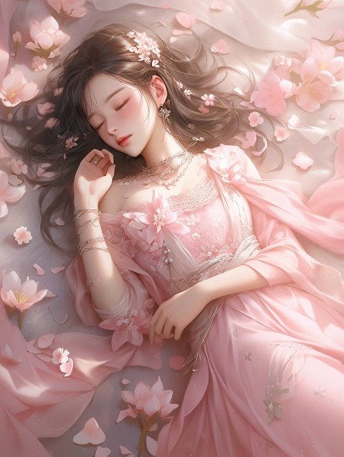 一个躺在花瓣上的美少女，身上穿着粉色的轻纱，身材非常好，身体曲线完美，双腿修长洁白，光脚，她周围有白色的花朵，在梦幻般的氛围风格中，夸张的姿势，受中国古代艺术影响的风格，精致的现实主义设计，流动的织物，闪亮有光泽，公主心，自然美