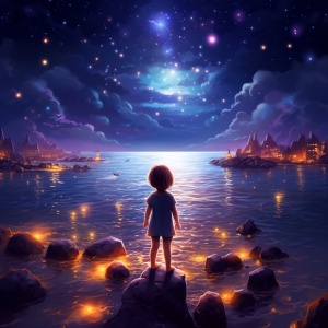 小女孩，周围有很多彩色的小星星，站在海边，许愿，梦幻的场景，流星，银河，五颜六色的星团，特写镜头