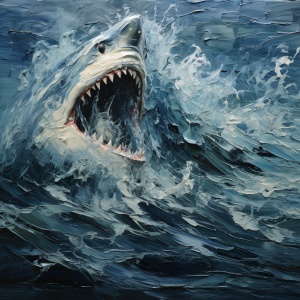 油画笔触，模糊，扭曲，波涛汹涌的海面上只露出一个鲨鱼的尾部，没有鲨鱼的其他部分