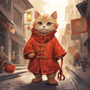 拜年的橘猫，身穿红色的中式服装，走在大街上