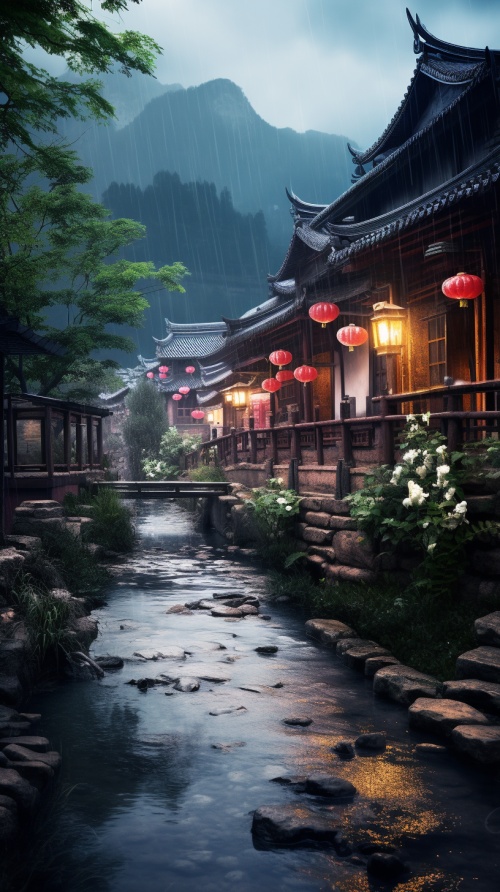 a beautiful street in the rain with flowers in the background, in the style of 32k uhd, traditional chinese landscape, i can't believe how beautiful this is, cottagecore, romantic riverscapes, mist, reverent and tranquil