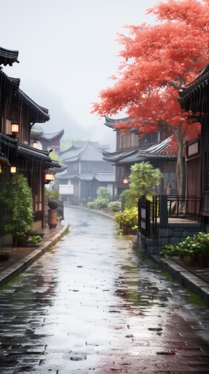 a beautiful street in the rain with flowers in the background, in the style of 32k uhd, traditional chinese landscape, i can't believe how beautiful this is, cottagecore, romantic riverscapes, mist, reverent and tranquil