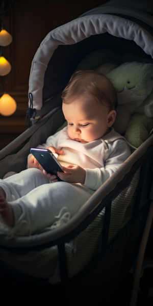 一个刚出生的婴儿，在摇篮里看玩手机，照片风格，高清画质。