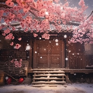 近景：梅花树，远景：布满春节气息的小屋，门上贴了春联和福字 下大雪 唯美