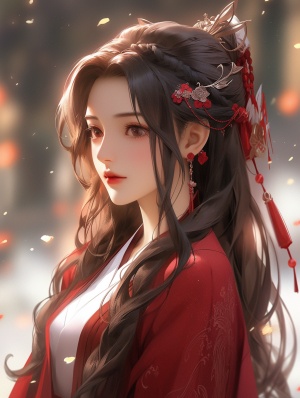 Chinese ancient style handsome girl,beautiful face,facial close-up,black long hair,wearing ancient Chinese red wedding clothes,wedding clothes with patterns,red petals flying in the air,the background is a gorgeous wedding palace,delicate facial features,detailspainting,fantasy art,animation aesthetics, HD 32k
