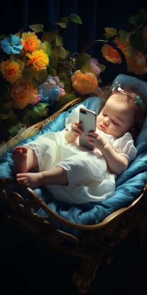 一个刚出生的婴儿，在摇篮里看玩手机，照片风格，高清画质。