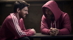 Lionel Messi身穿adidas粉色带帽卫衣的神秘笑容