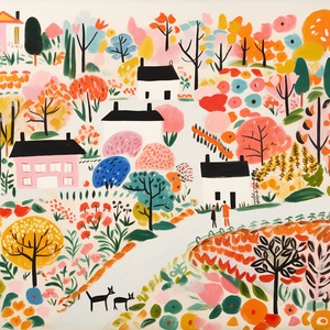 Maud Lewis style: Abstract Chinese Scenery in Multi-color