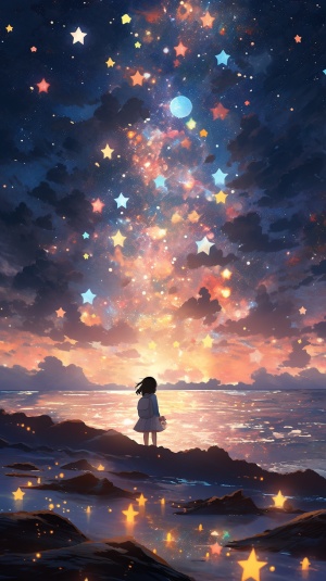 小女孩在海边许愿，梦幻唯美的彩色星空