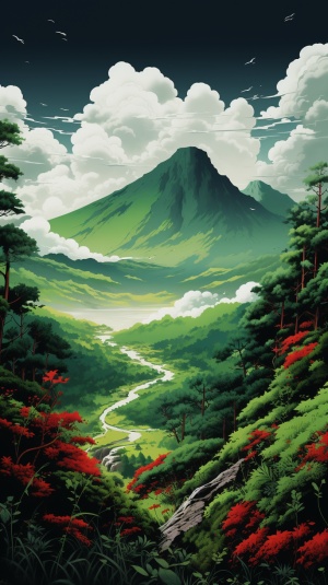 Vibrant and Folk-Inspired Green Mountain Scenery