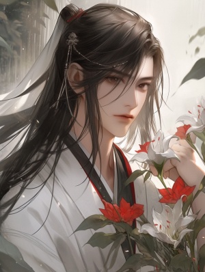 中国古代明代风格，眉心有一点红色朱砂痣的白衣美男，面容俊朗，精致可爱，环境唯美